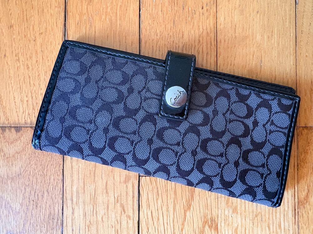 Coach Signature Jacquard Checkbook Wallet Black Gray Long Bifold Snap Vintage
